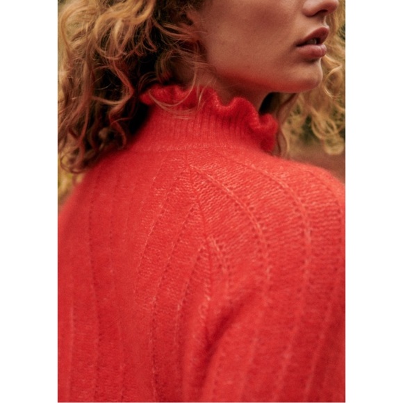 SEZANE Bright Red Mohair Merino Wool Knit Ruffle High Neck Sweater Loris Jumper - Picture 5 of 15